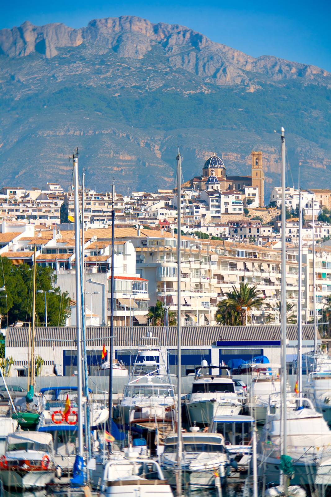 Altea village in alicante with marina boats foreground at Spain Valencian Community