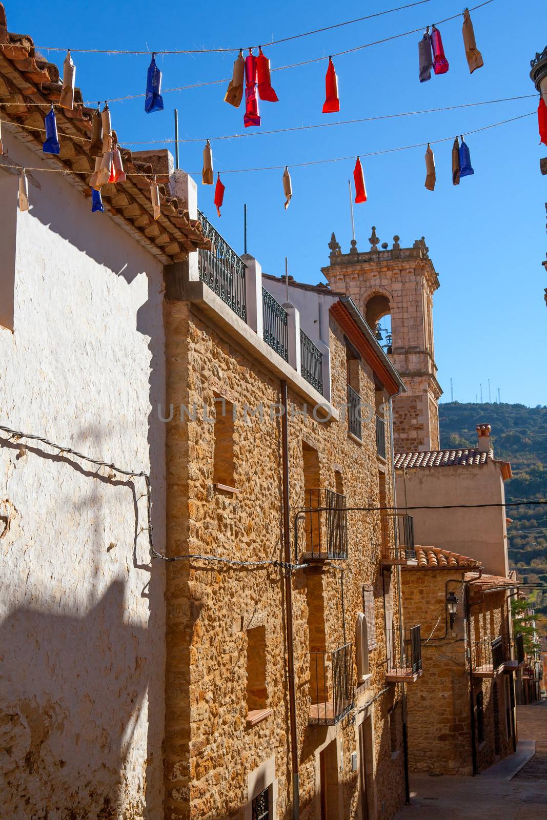 Benassal street village facades Benasal in Maestrazgo Castellon Spain