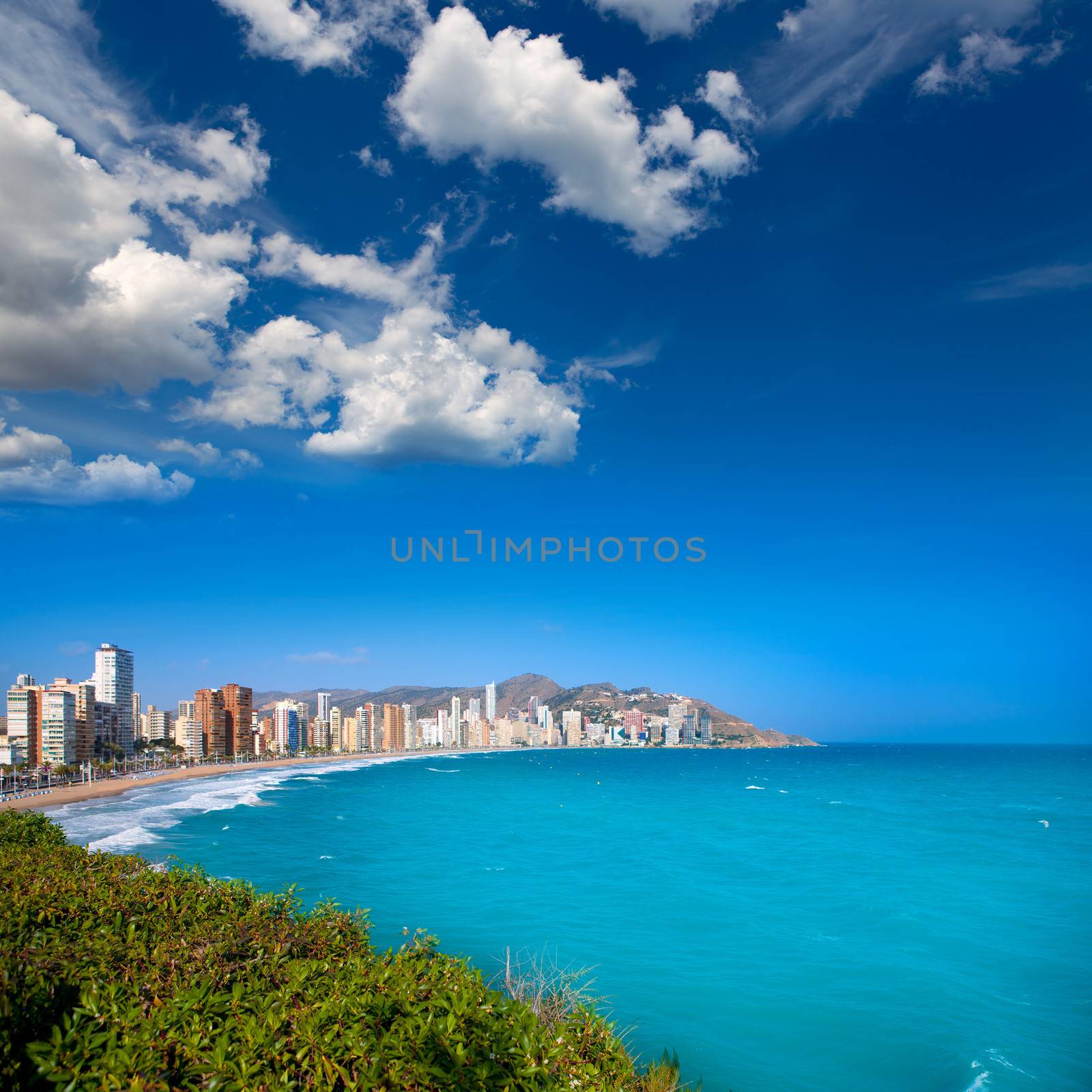 Benidorm Alicante beach buildings and Mediterranean sea of Spain