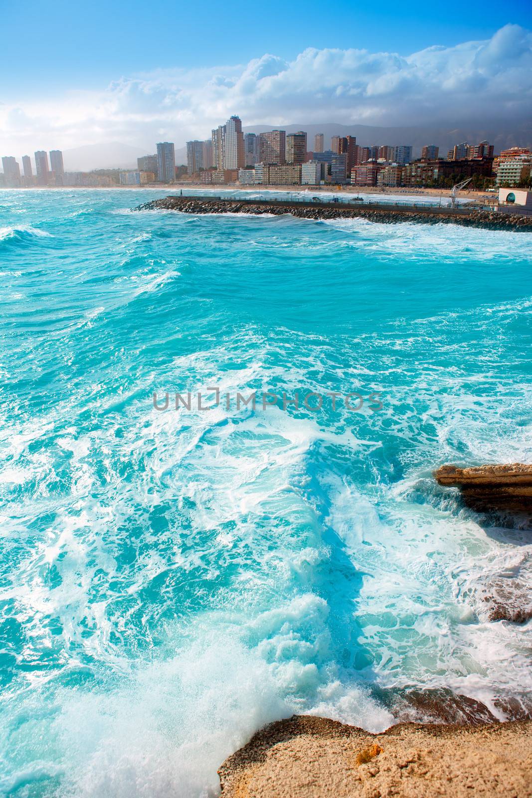 Benidorm Alicante beach buildings and Mediterranean sea of Spain