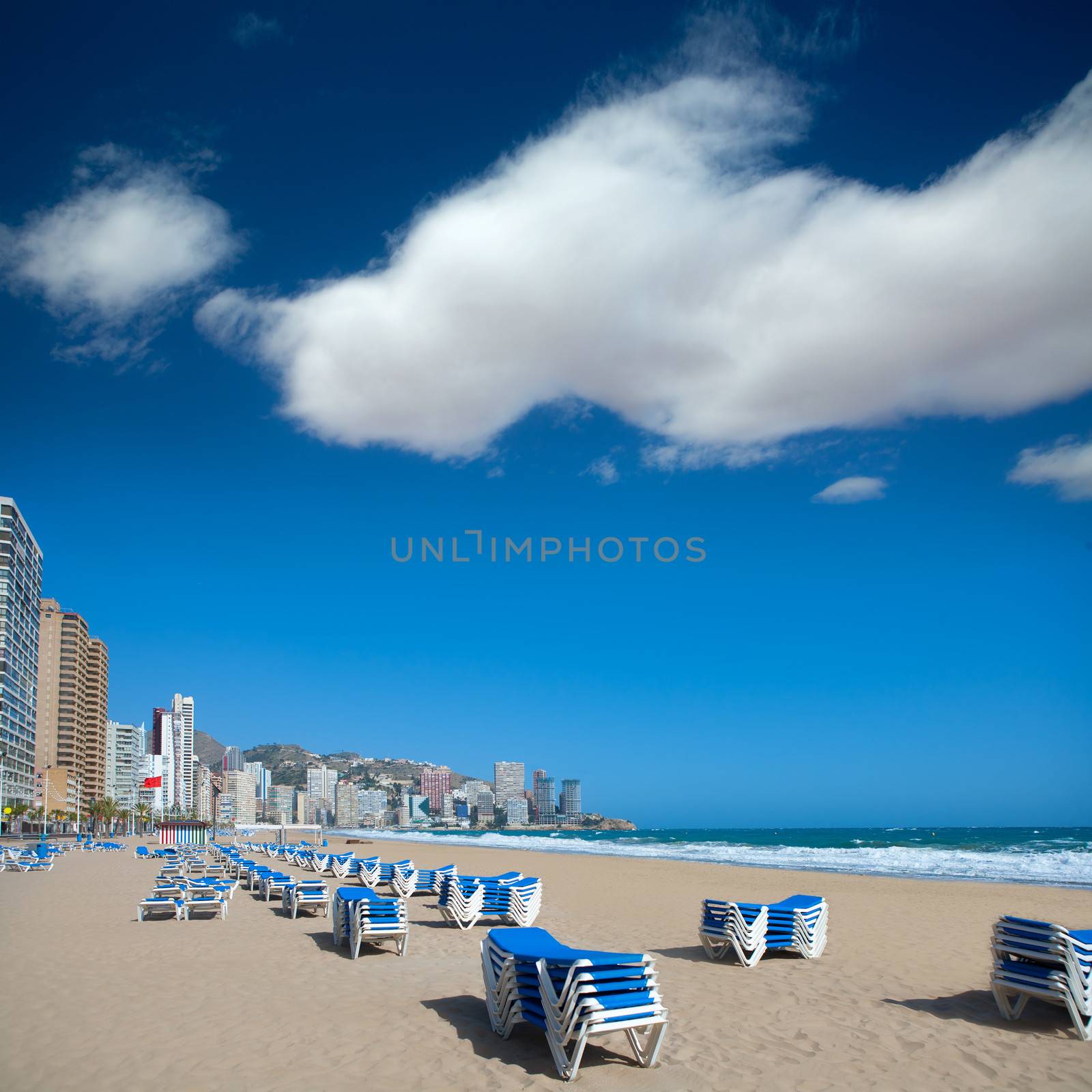 Benidorm Alicante beach buildings and Mediterranean sea of Spain
