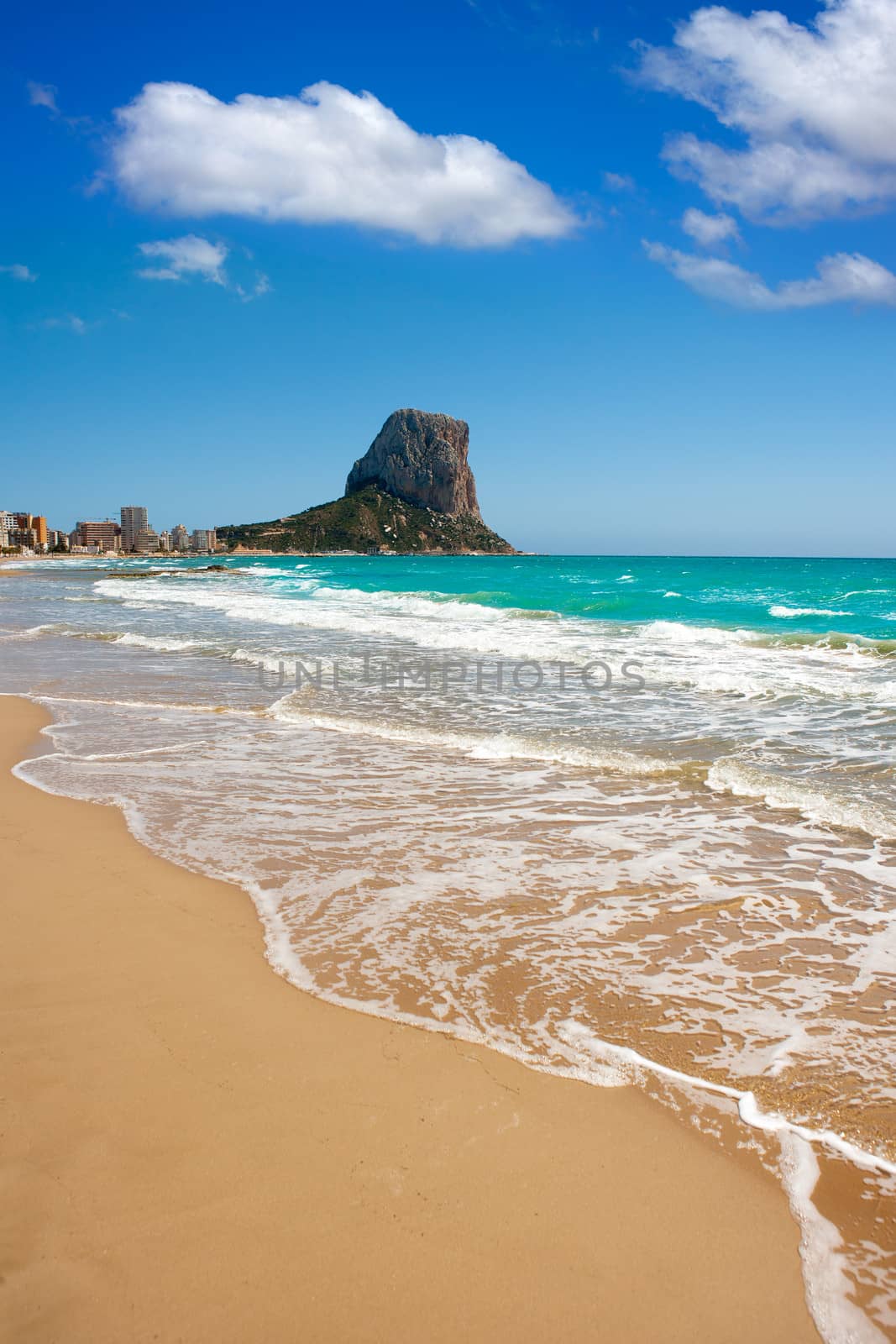 Calpe Alicante Arenal Bol beach with Penon de Ifach mountain in Mediterranean sea of Spain