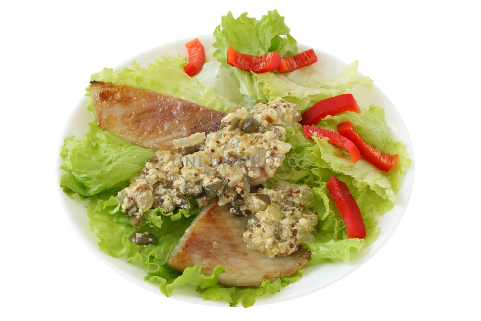 fried fish with sauce and vegetables