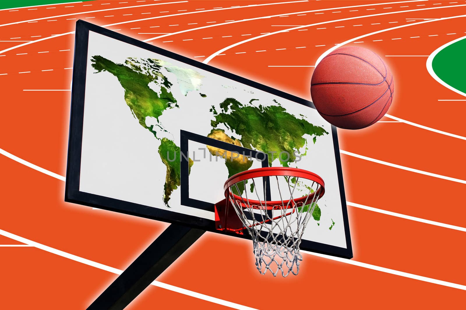 a basketball and a panel of basketball with a world map on a background of running track