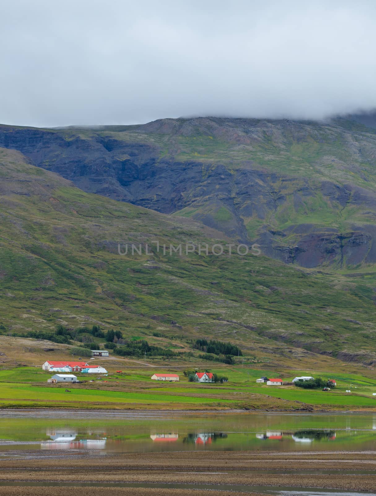 Cloudy sky over the houses on the coast in the East Fjords Iceland. Vertical view.
