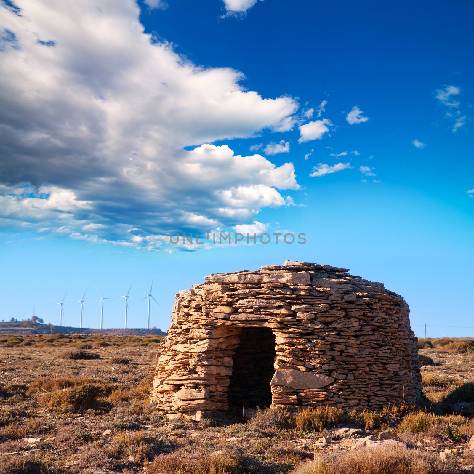 Maestrazgo shepherd shelter in Castellon Windmills with traditional rural life at spain