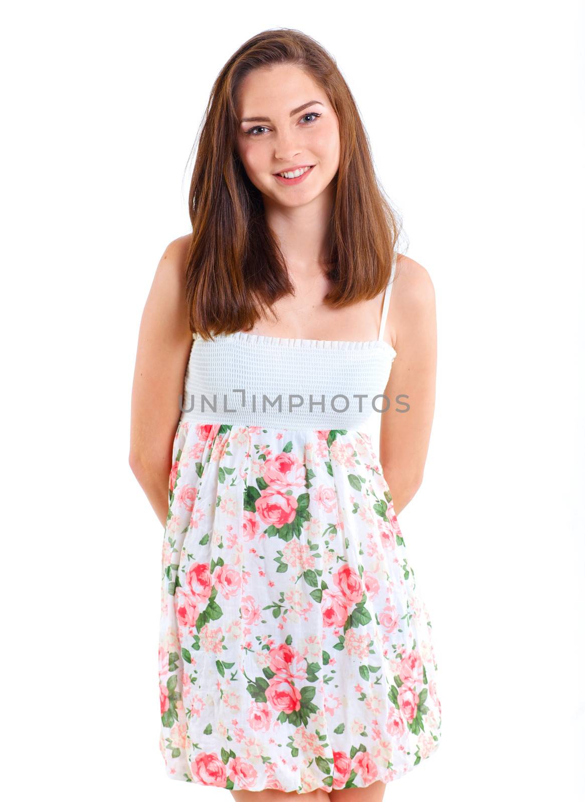 Portrait happy teenage girl. Isolated over white background.