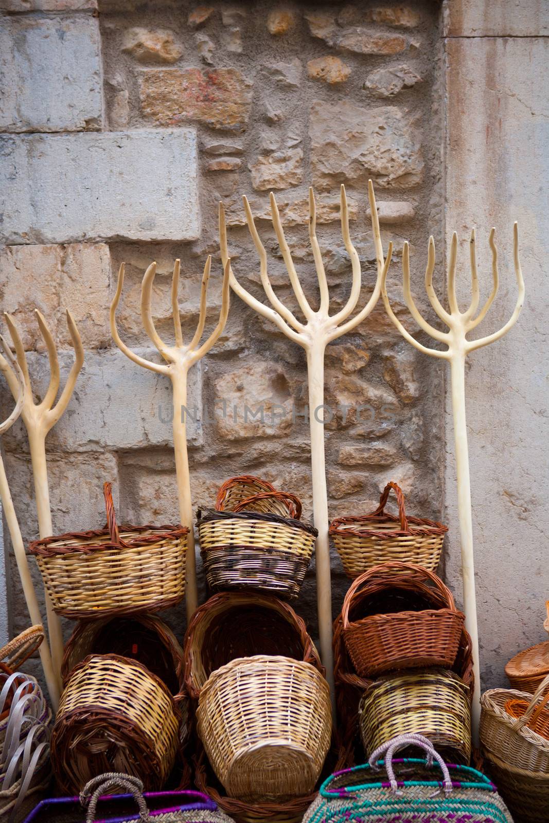 Traditionals baskets and cereal wooden forks in Maestrazgo by lunamarina