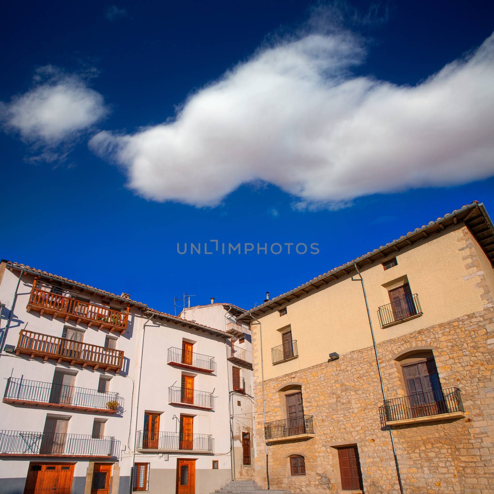 Morella in Maestrazgo castellon village facades at Spain
