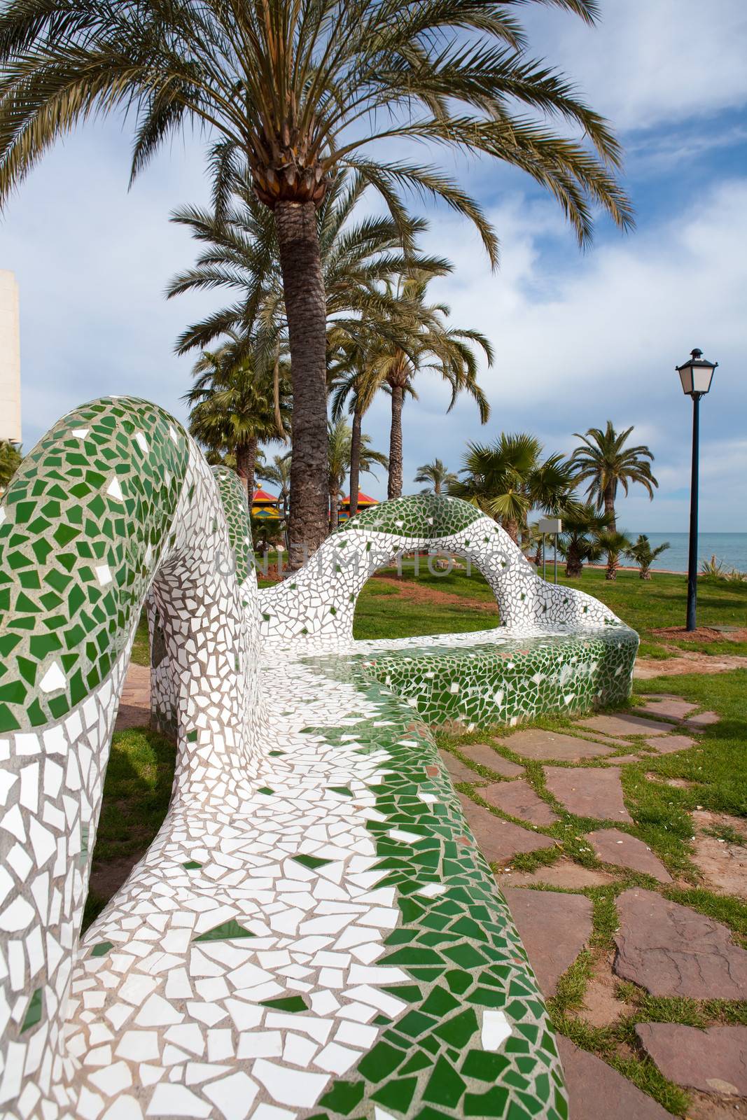 Oropesa del Mar Castellon gardens in the beach with tiles mosaic bench Spain