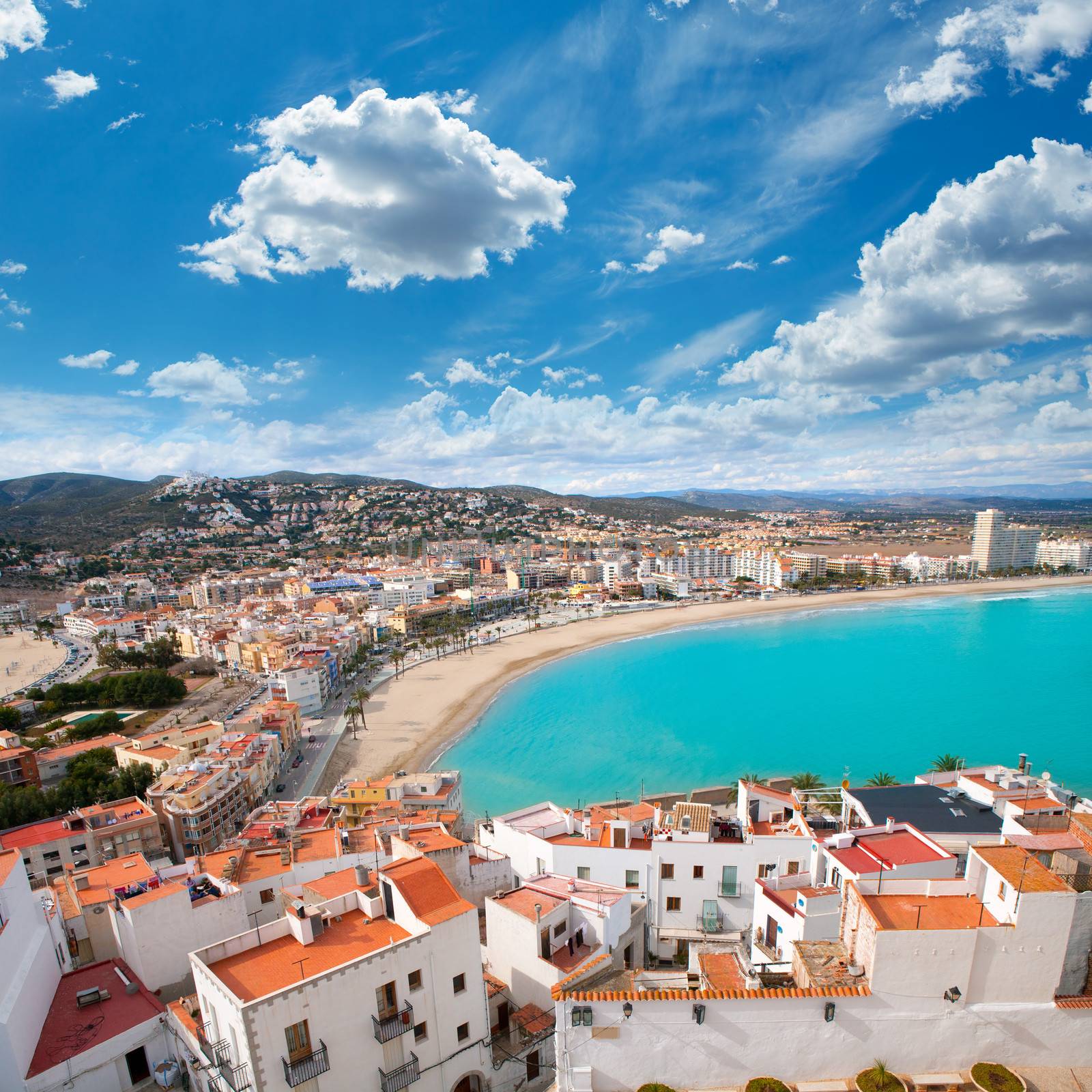 Peniscola beach and Village aerial view in Castellon Spain by lunamarina