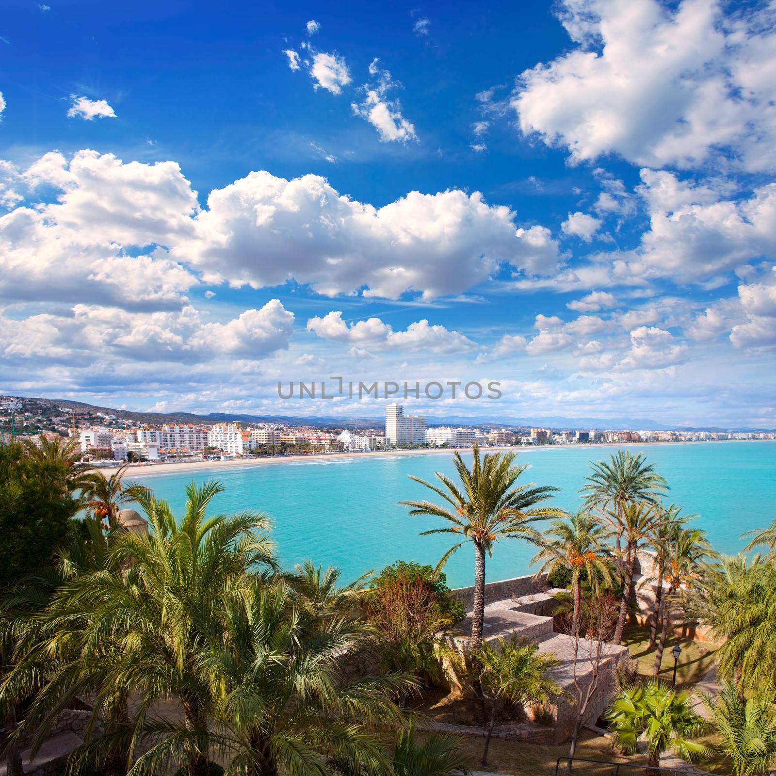 Peniscola beach and Village aerial view in Castellon Valencian community of spain