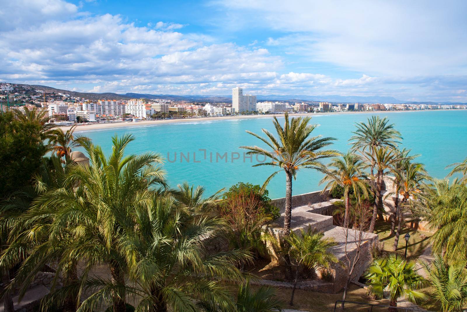 Peniscola beach and Village aerial view in Castellon Spain by lunamarina