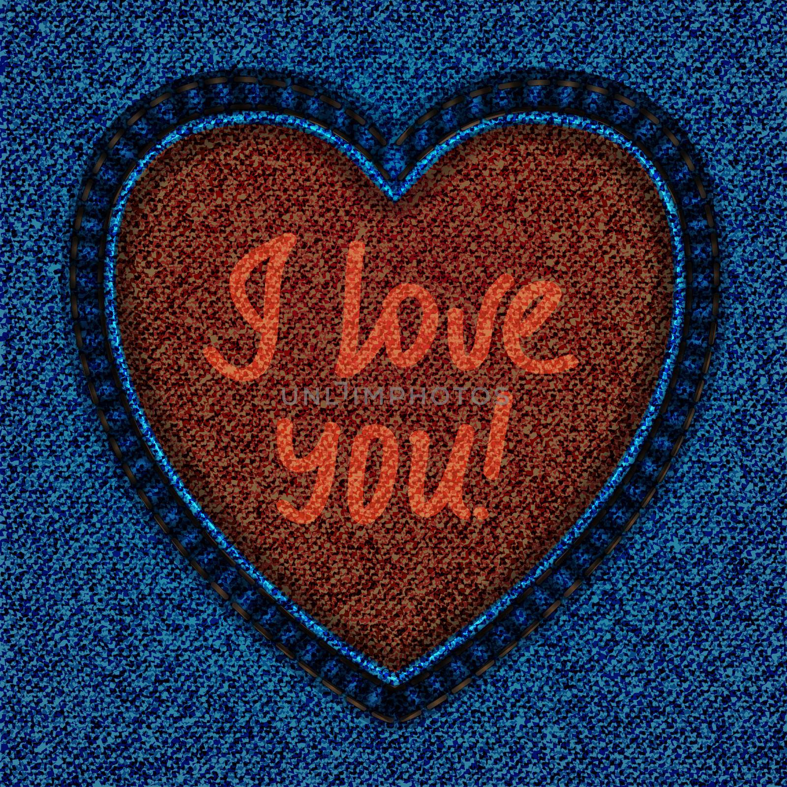 embroidery on the denim fabric in the shape of heart