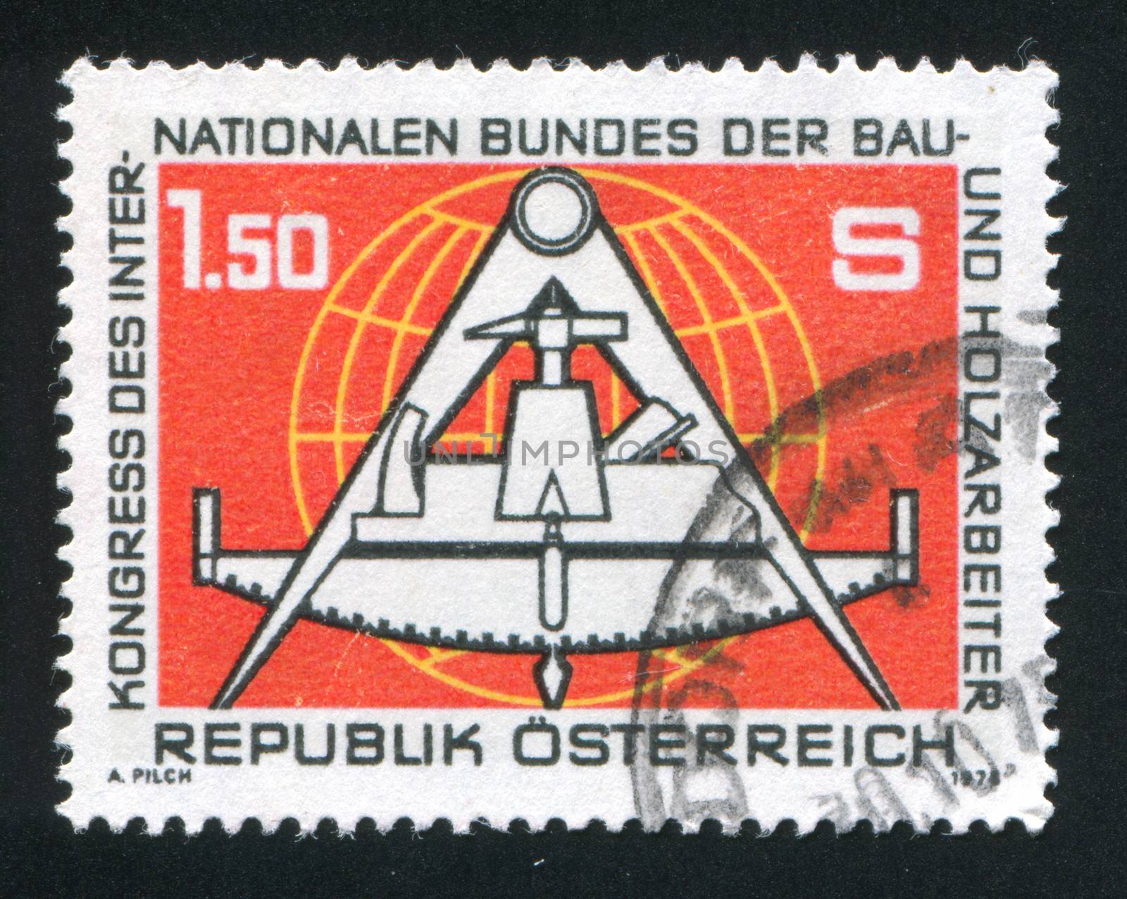 AUSTRIA - CIRCA 1978: stamp printed by Austria, shows  Emblem of International Federation of Building Construction and Wood Workers, circa 1978
