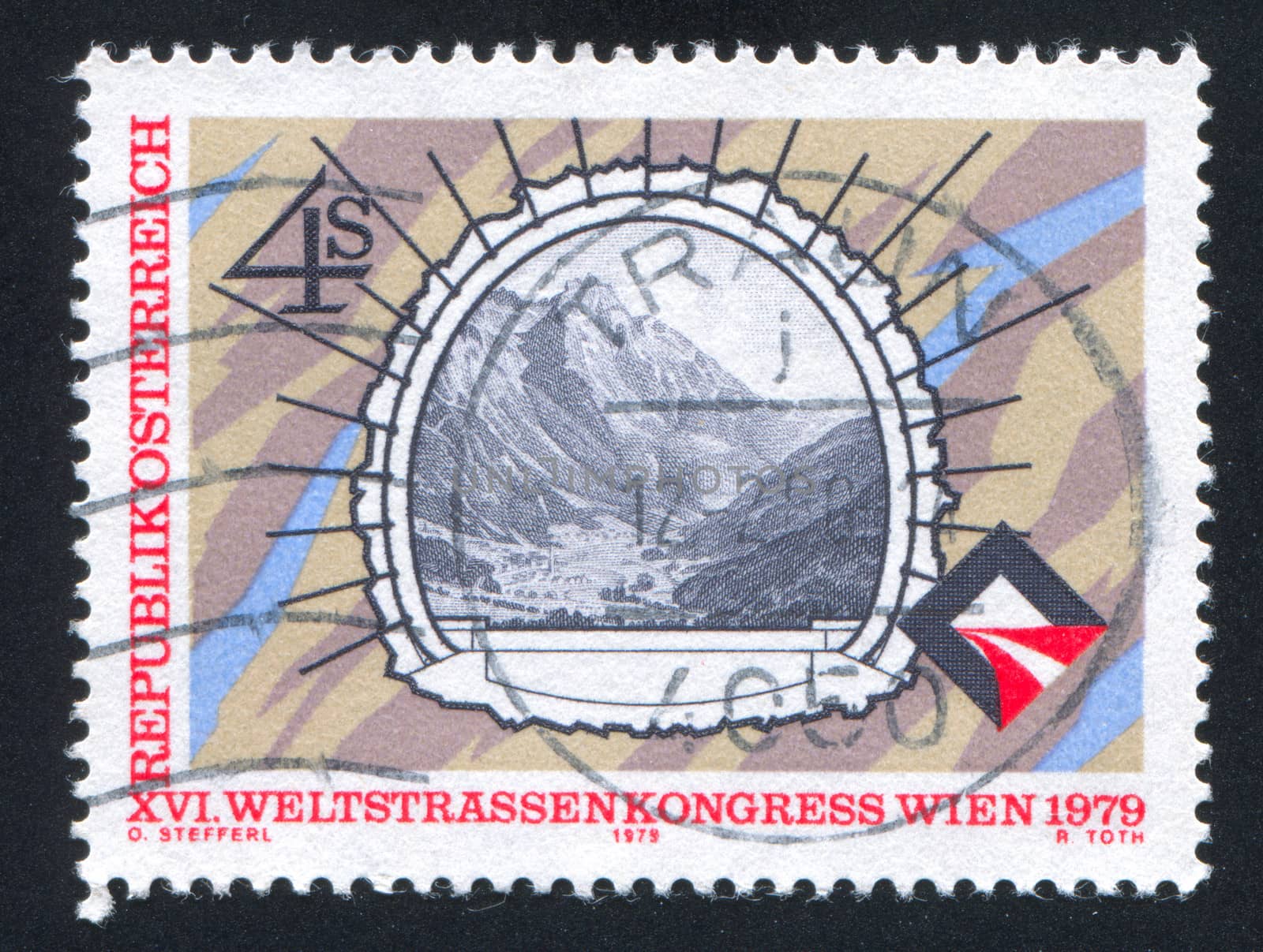 AUSTRIA - CIRCA 1979: stamp printed by Austria, shows View of Stanz Valley through East Portal of Arlberg Tunnel, circa 1979