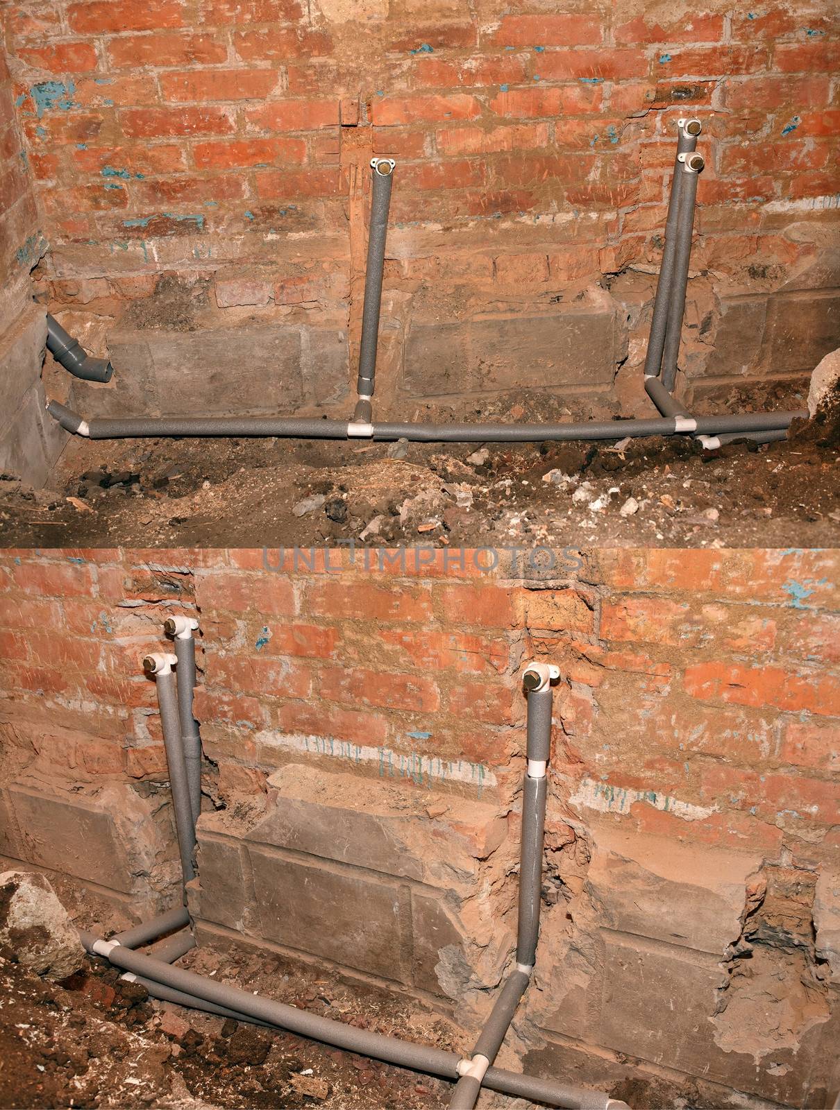 Installation of plumbing in an old residential building during renovations