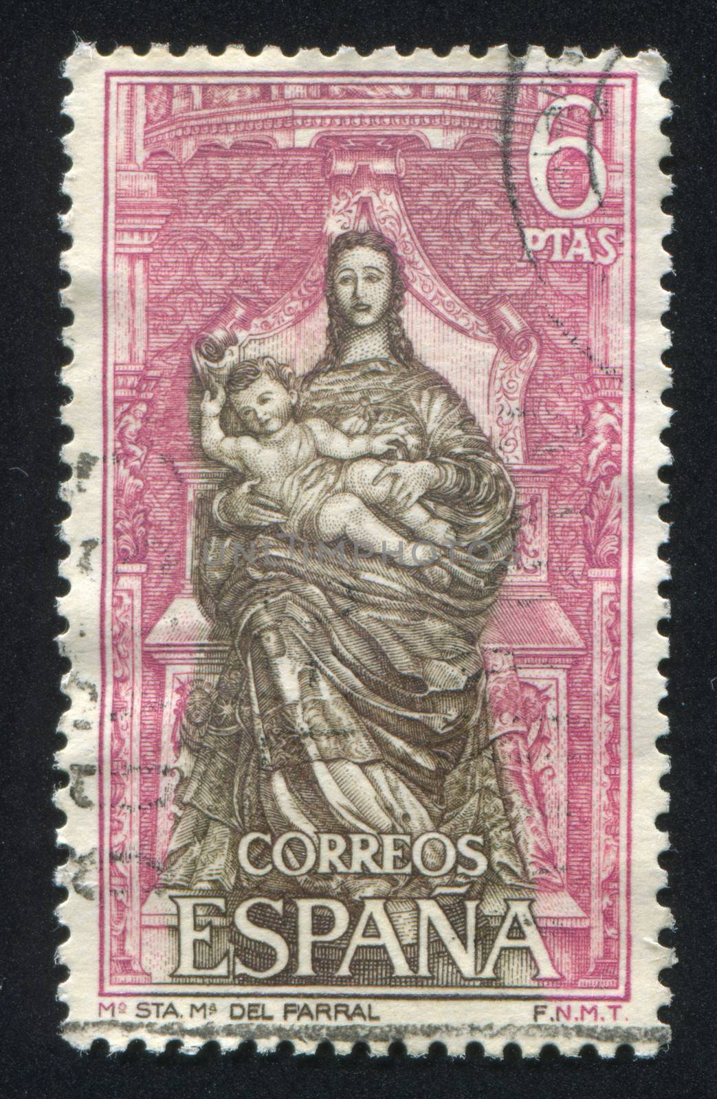 SPAIN - CIRCA 1968: stamp printed by Spain, shows Madonna and Child, statue from main altar, circa 1968