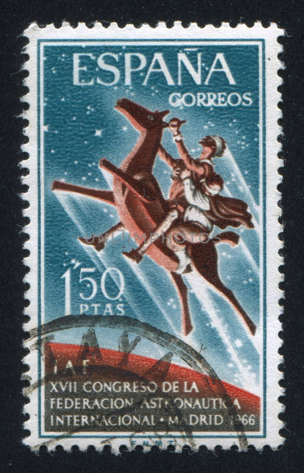 SPAIN - CIRCA 1966: stamp printed by Spain, shows Don Quixote and Sancho Panza on Clavileno, circa 1966