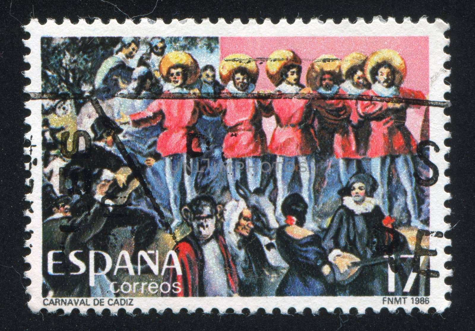SPAIN - CIRCA 1986: stamp printed by Spain, shows Masquerade, 19th Century, by F. Hohenleiter, circa 1986