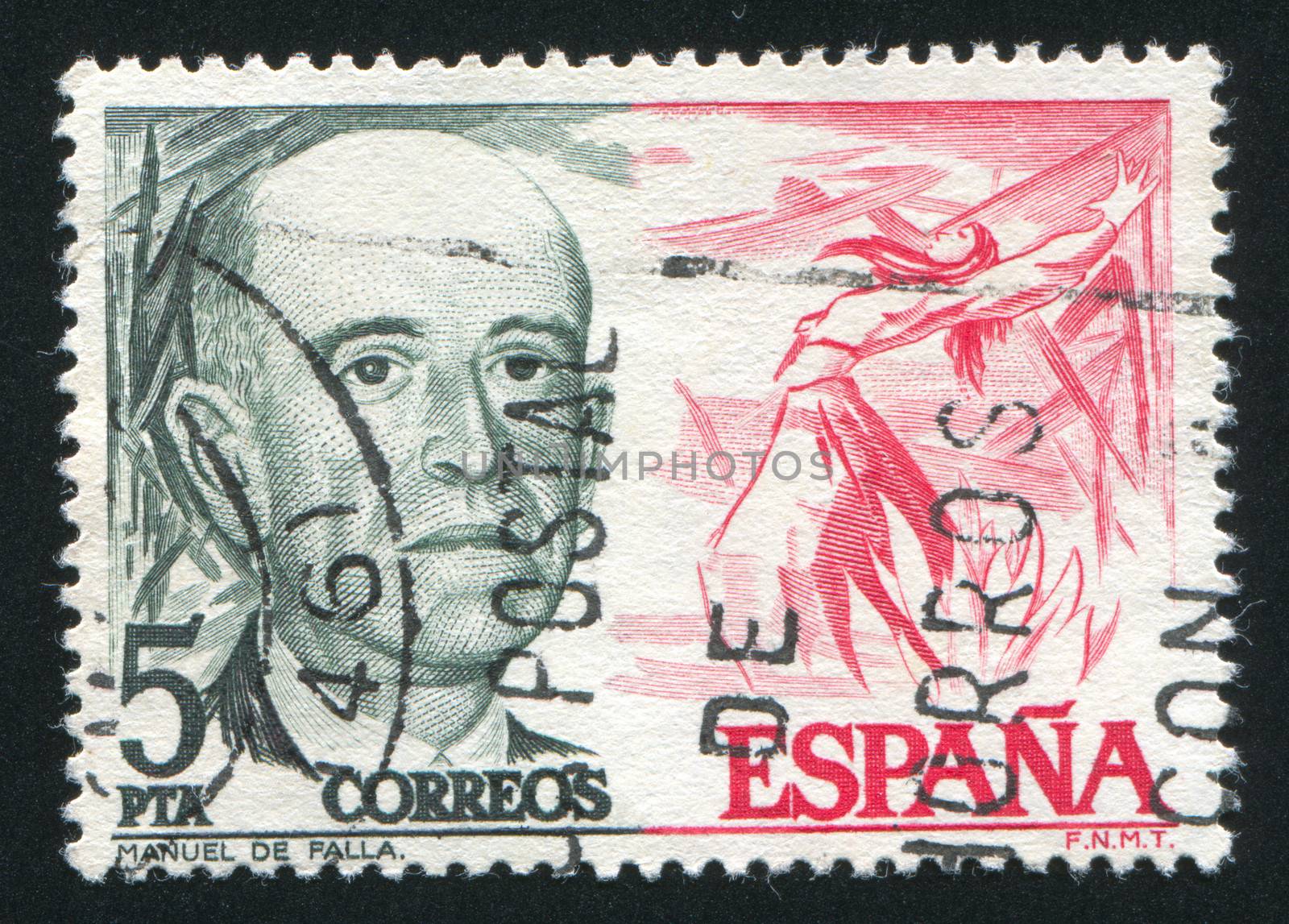 SPAIN - CIRCA 1976: stamp printed by Spain, shows Manuel de Falla and Fire Dance from El Amor Brujo, circa 1976