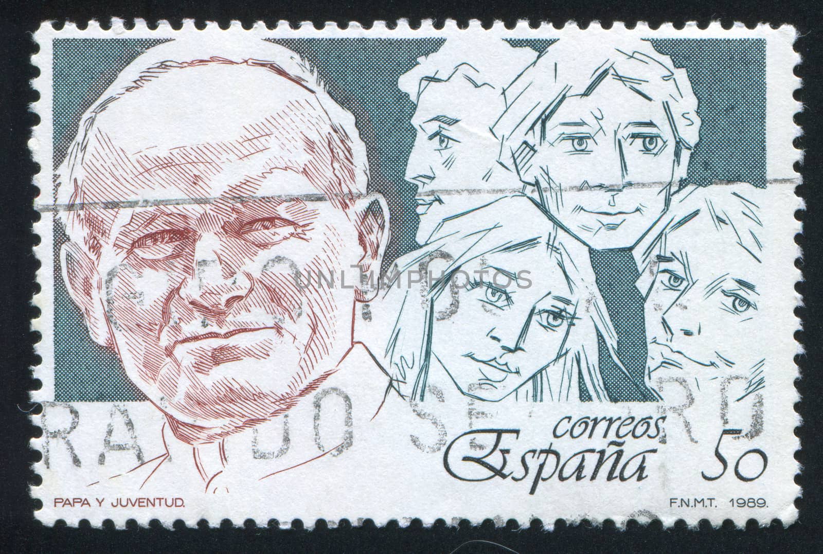 SPAIN - CIRCA 1989: stamp printed by Spain, shows Pope John Paul II at the Intl. Catholic Youth Forum, circa 1989