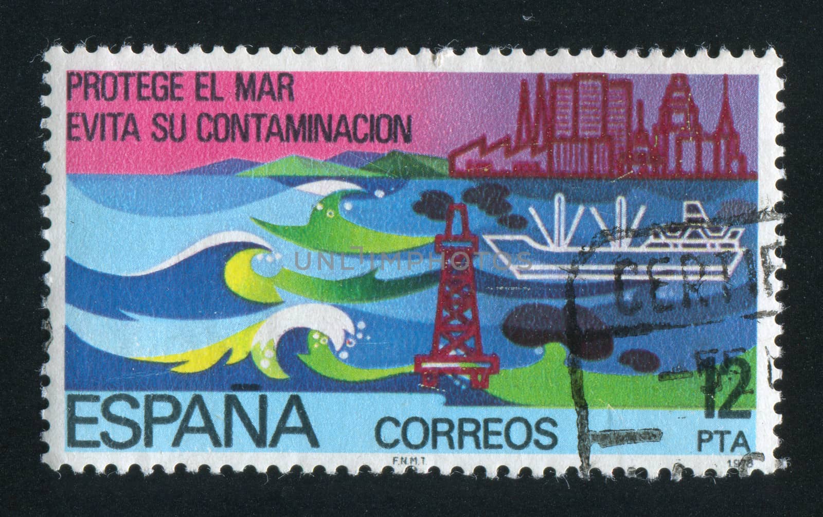 SPAIN - CIRCA 1978: stamp printed by Spain, shows Waves, oil rig, tanker and city, circa 1978