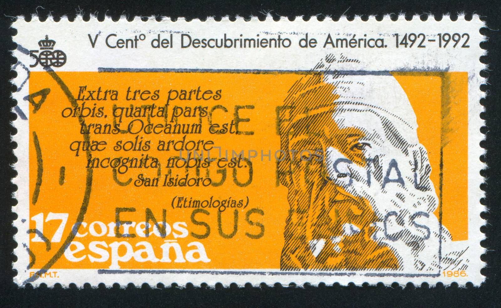 SPAIN - CIRCA 1986: stamp printed by Spain, shows San Isidoro, text from Etimologias, circa 1986