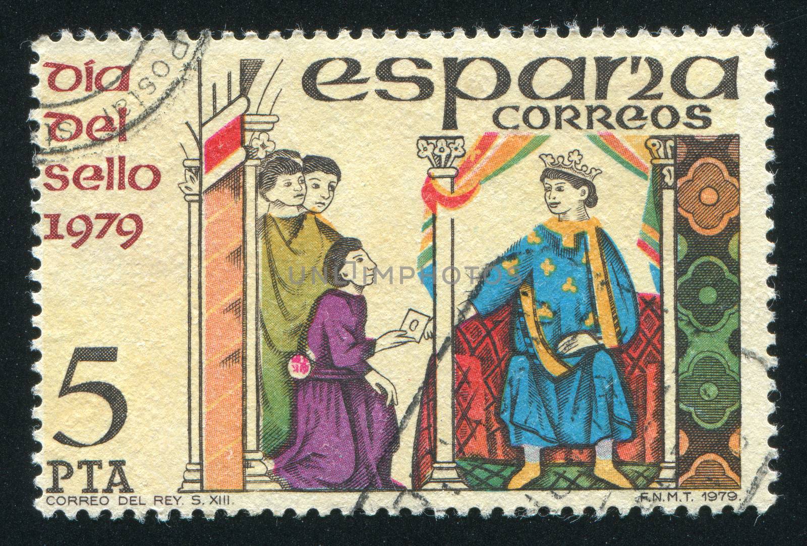 SPAIN - CIRCA 1979: stamp printed by Spain, shows Messenger handing letter to King, circa 1979