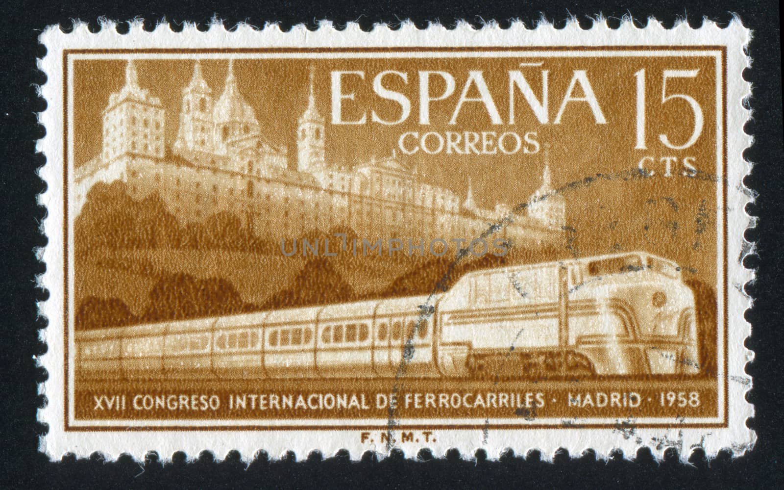 SPAIN - CIRCA 1958: stamp printed by Spain, shows Escorial and Streamlined Train, circa 1958