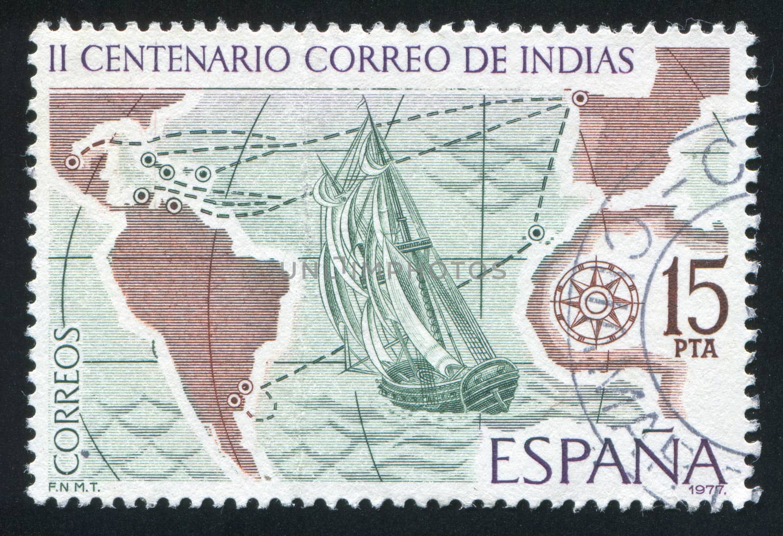 SPAIN - CIRCA 1977: stamp printed by Spain, shows Sailing Ship and Mail Routes, circa 1977
