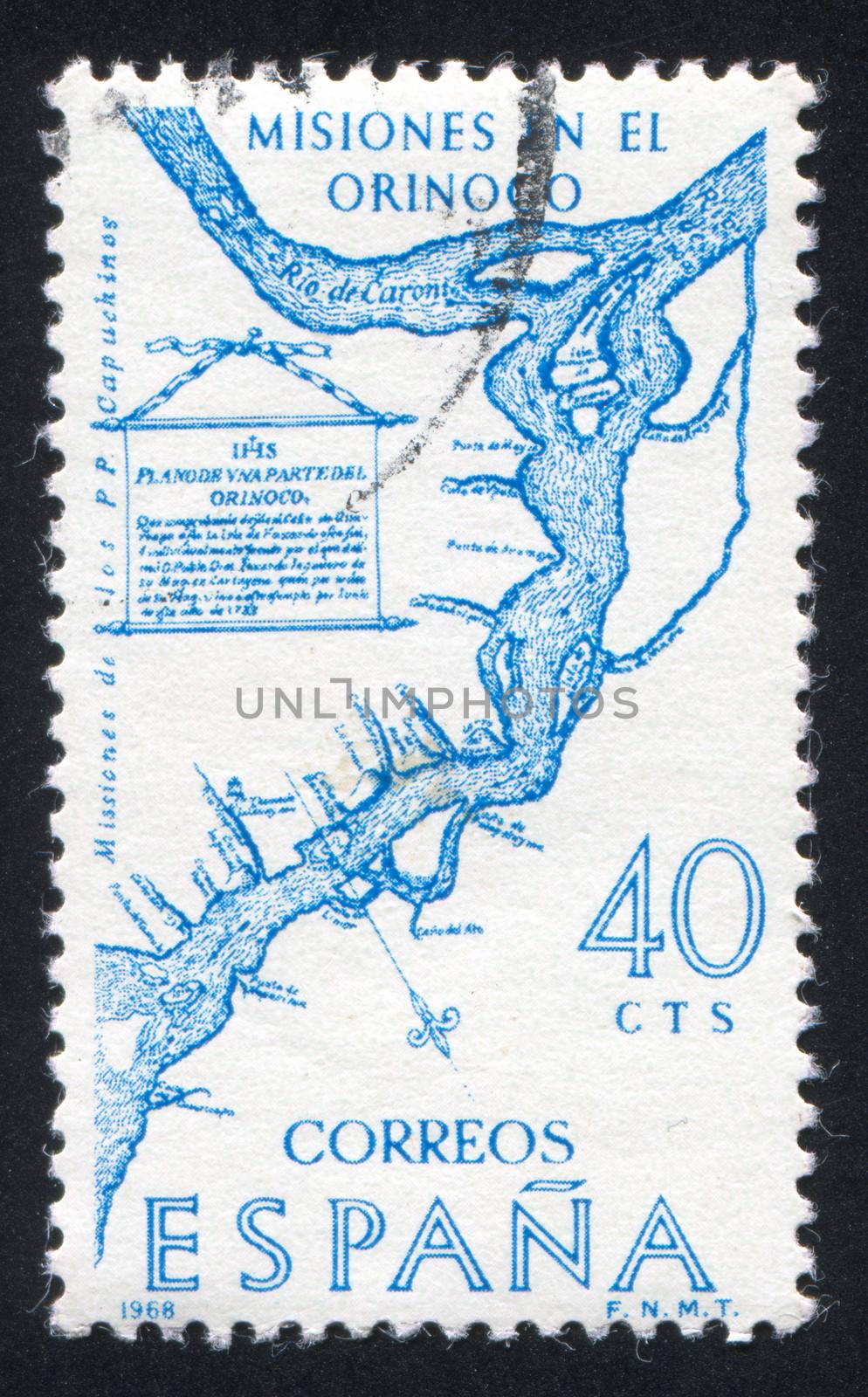 SPAIN - CIRCA 1968: stamp printed by Spain, shows Map of Capuchin Missions along Orinoco River, circa 1968