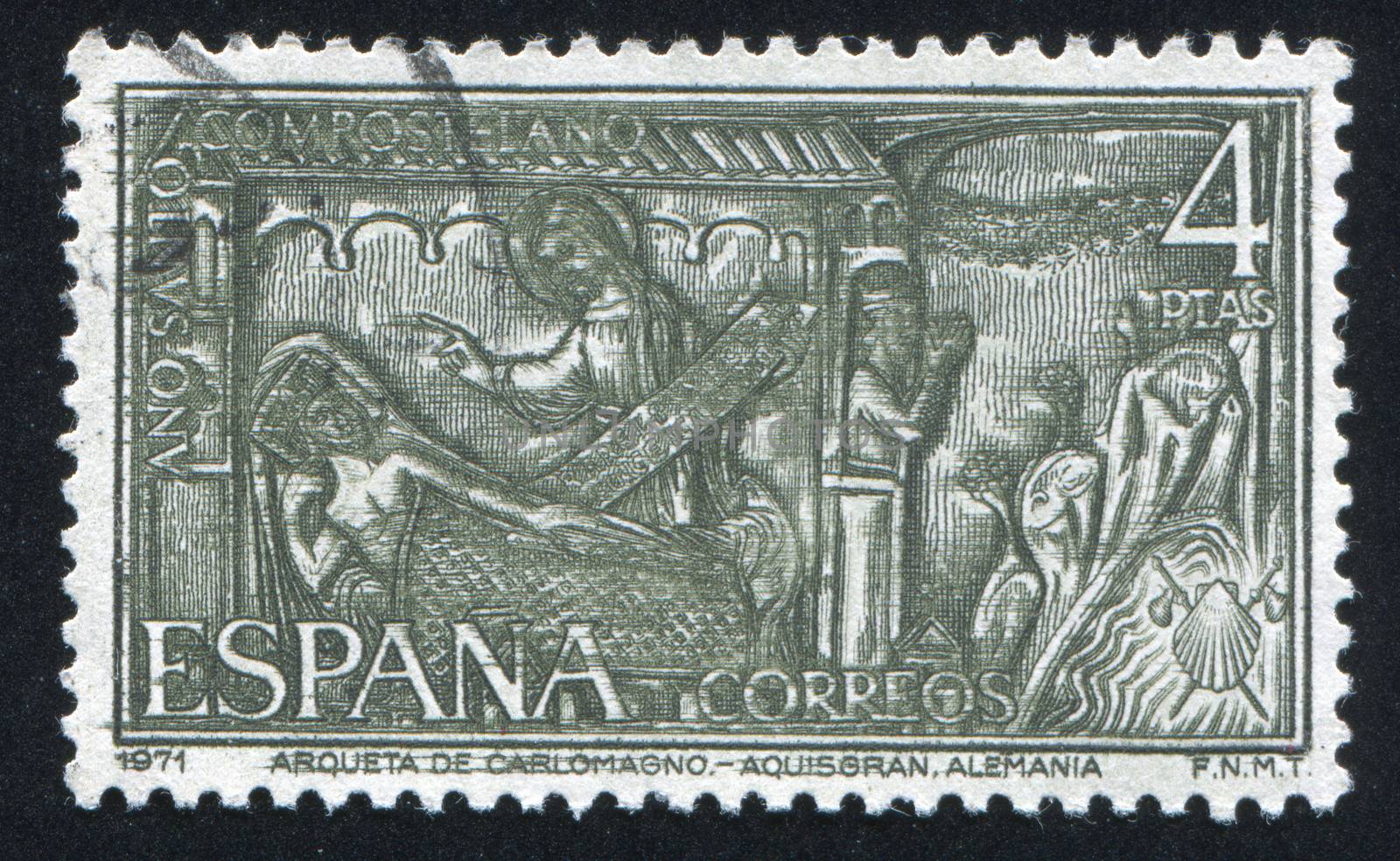 SPAIN - CIRCA 1971: stamp printed by Spain, shows Woman, holy man and supplicant, circa 1971