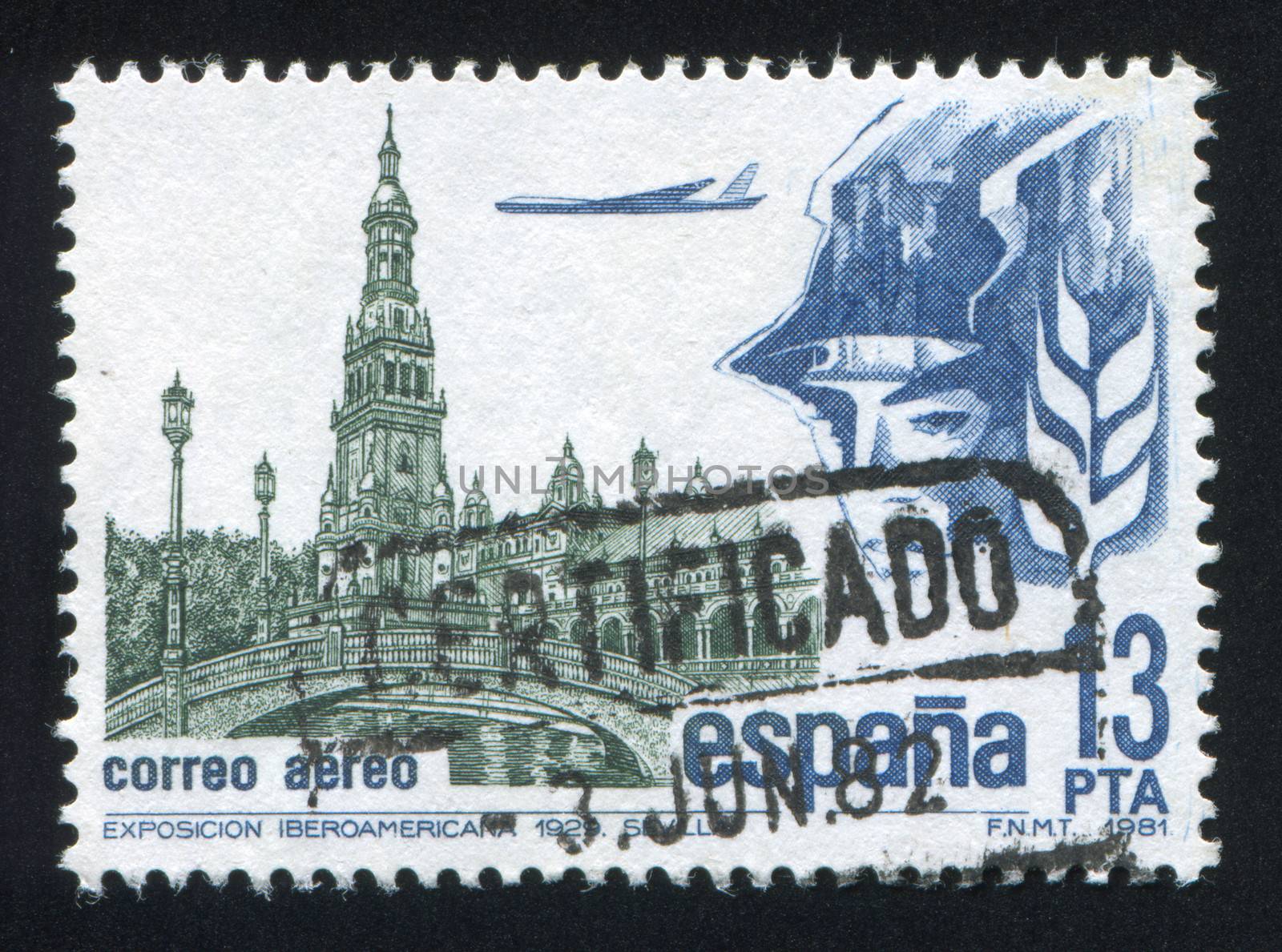 SPAIN - CIRCA 1981: stamp printed by Spain, shows Tower, Bridge and Airplane, circa 1981