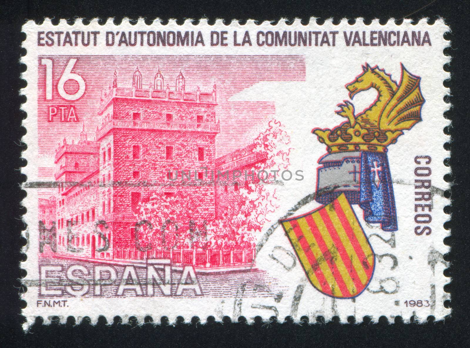 SPAIN - CIRCA 1983: stamp printed by Spain, shows Valencia Autonomy Statue and Arms, circa 1983