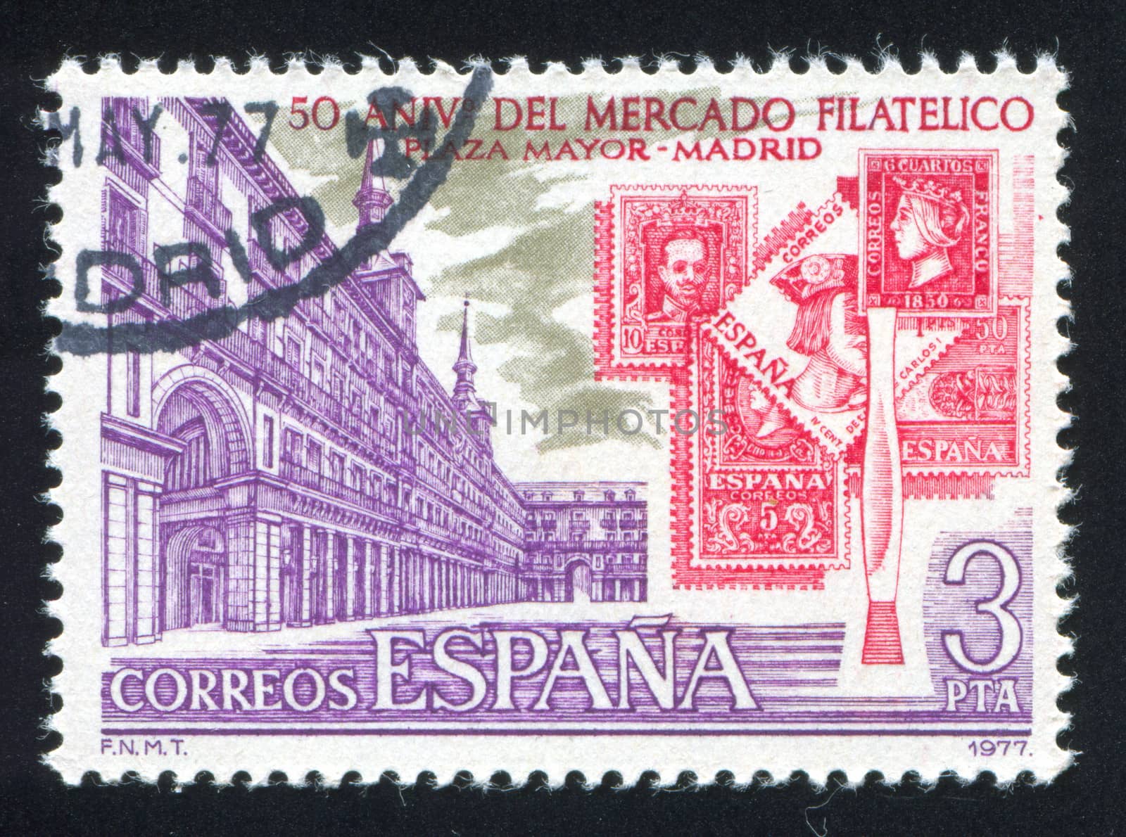 SPAIN - CIRCA 1977: stamp printed by Spain, shows Plaza Mayor and Spanish Stamps, circa 1977