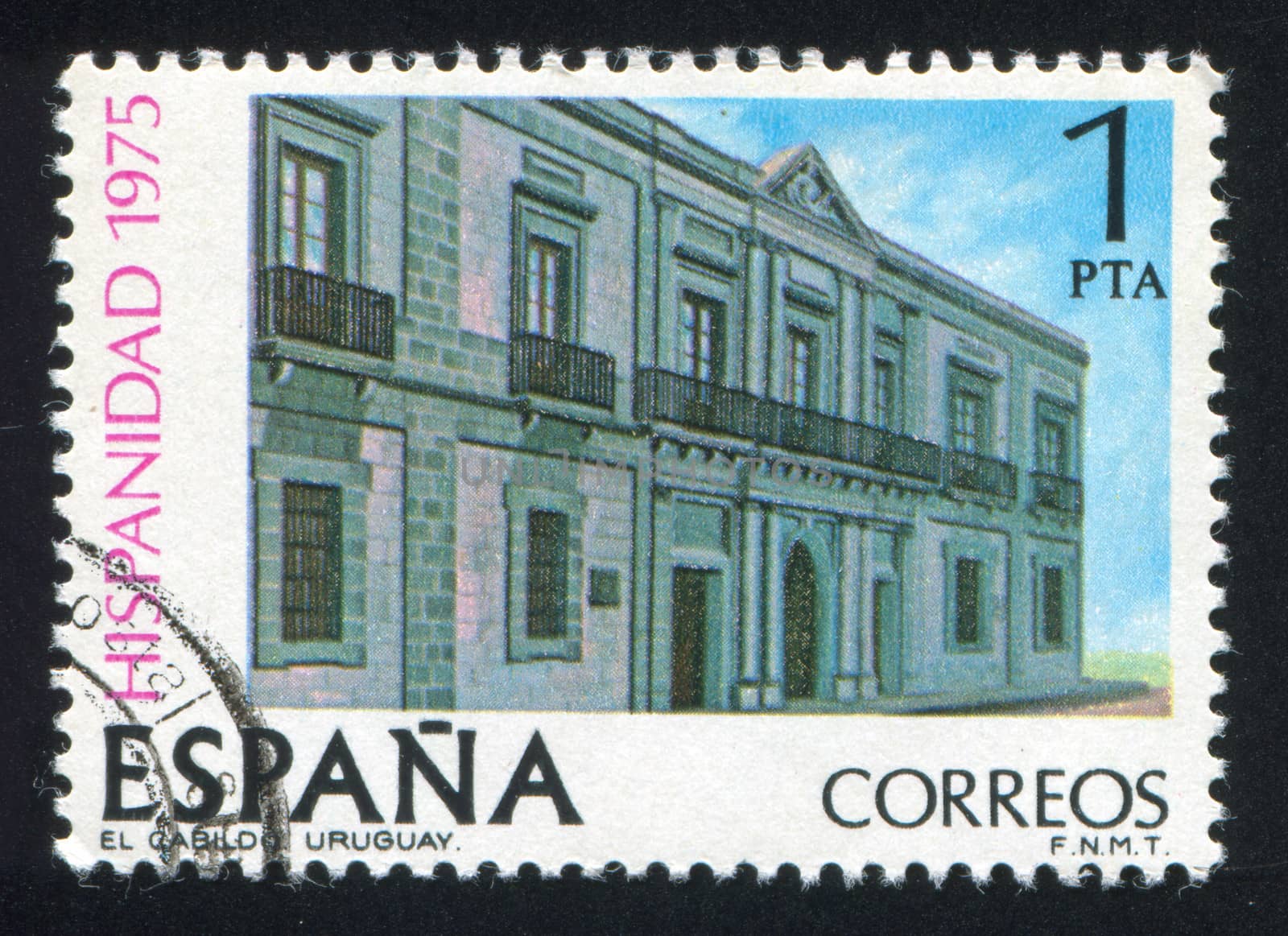 SPAIN - CIRCA 1975: stamp printed by Spain, shows Hotel El Cabildo in Uruguay, Paradores, circa 1975