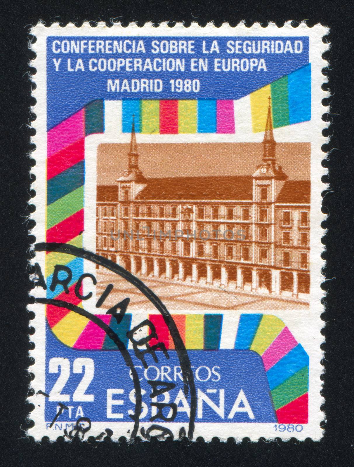 SPAIN - CIRCA 1980: stamp printed by Spain, shows Conference Building, Flags of Participants, circa 1980