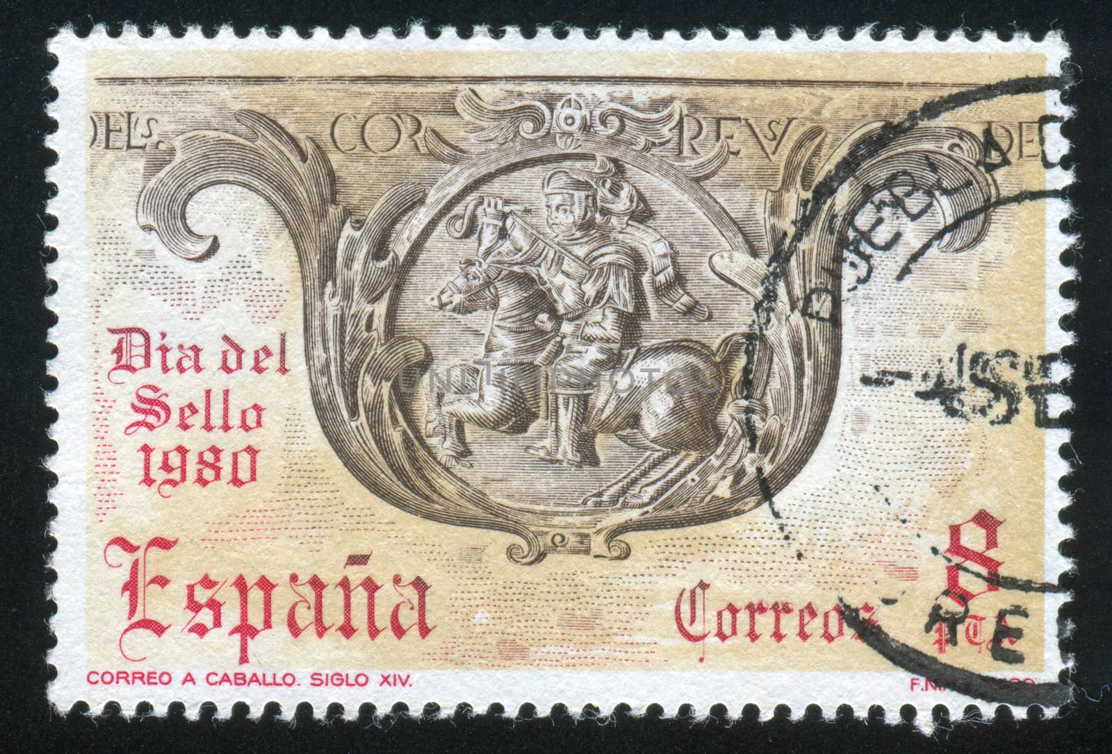 SPAIN - CIRCA 1980: stamp printed by Spain, shows Mounted Postman, 12th Centure Panel, Barcelona, circa 1980