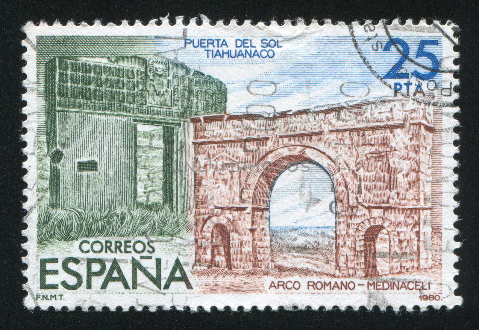 SPAIN - CIRCA 1980: stamp printed by Spain, shows Roman Arch in Medinaceli and Sun Gate in Tiahuanaco, circa 1980