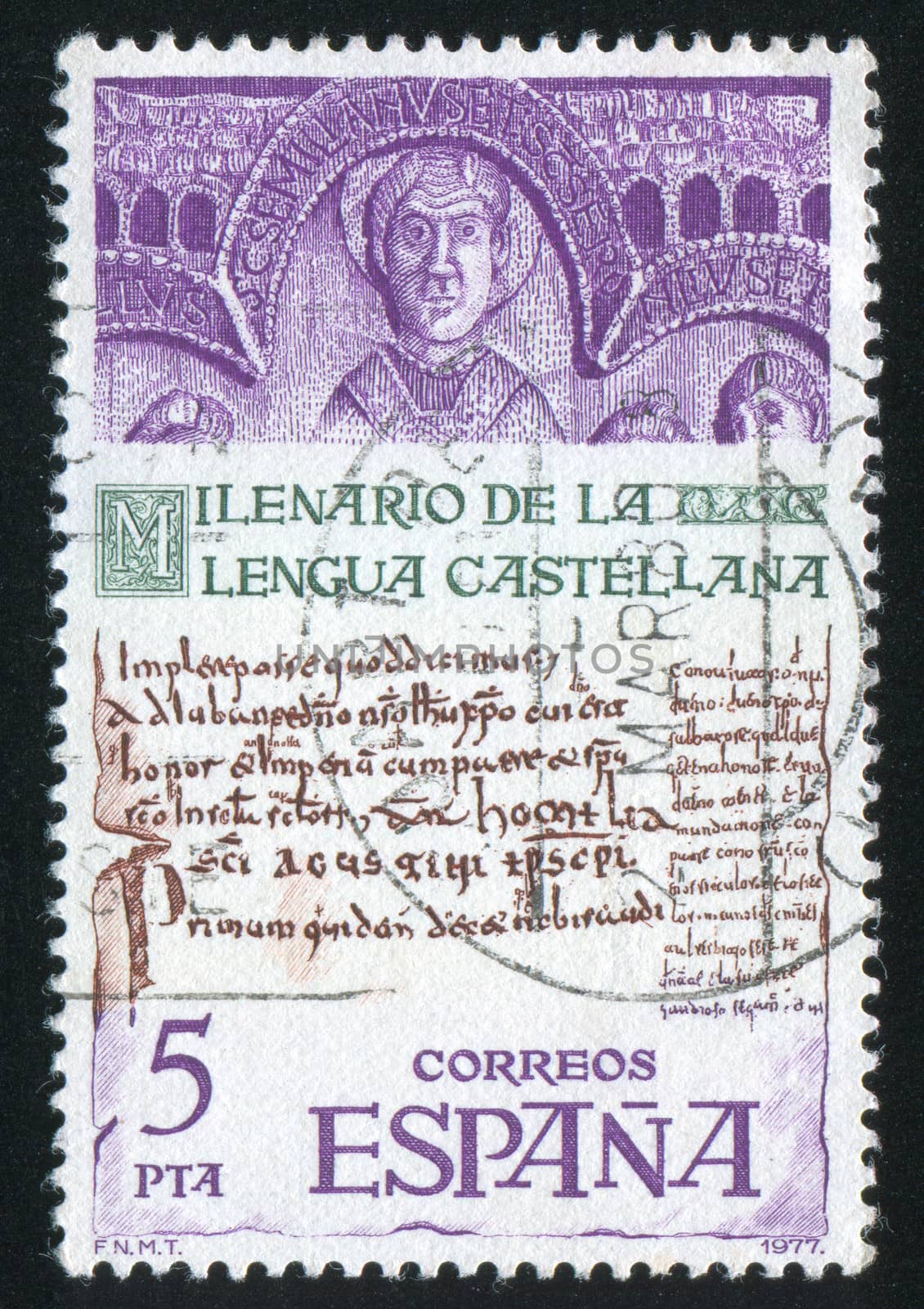SPAIN - CIRCA 1977: stamp printed by Spain, shows St. Emilian Cuculatus and Earliest Known Catalan Manuscript, circa 1977