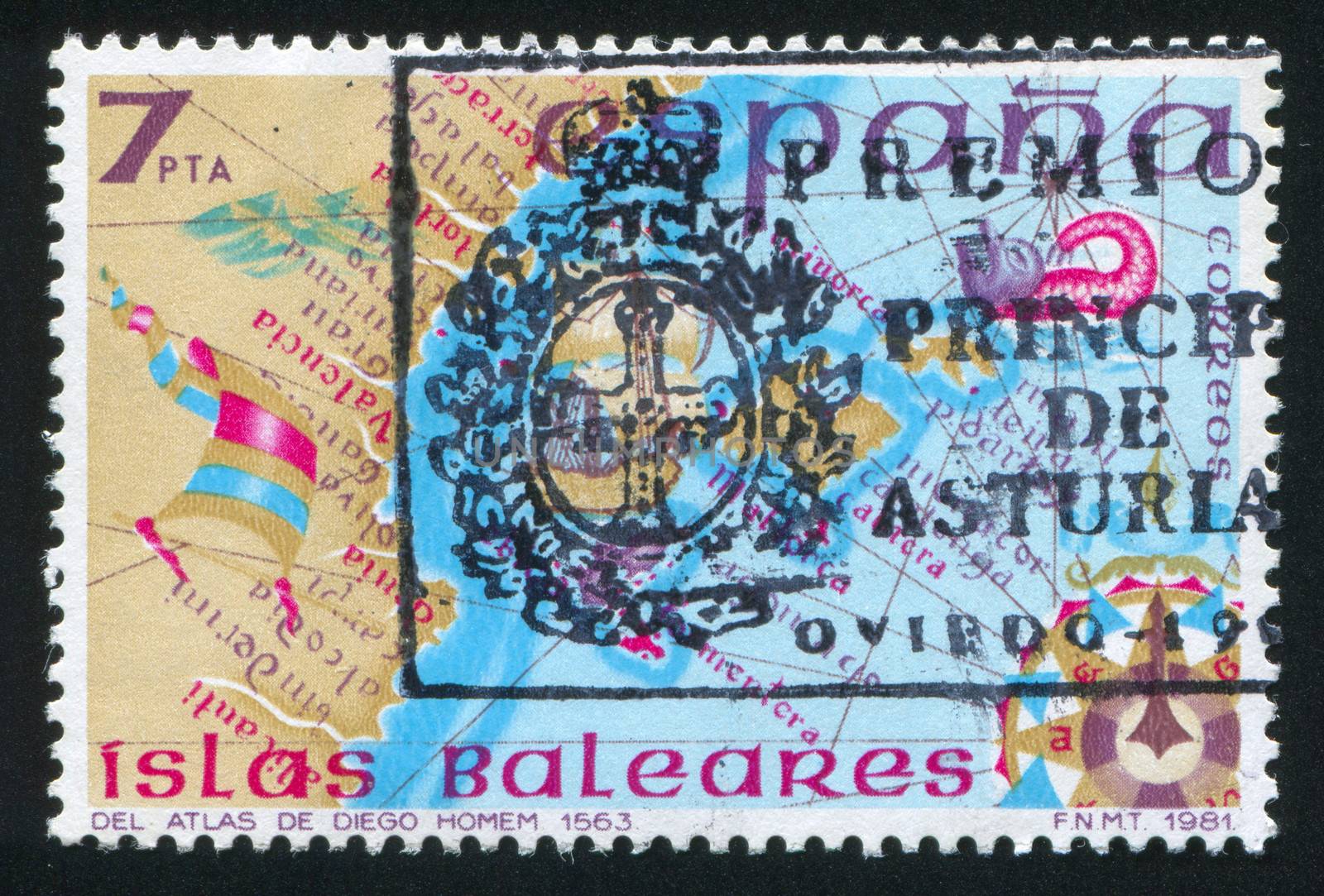 SPAIN - CIRCA 1981: stamp printed by Spain, shows Map of Balearic Islands, Diego Homem`s Atlas, circa 1981