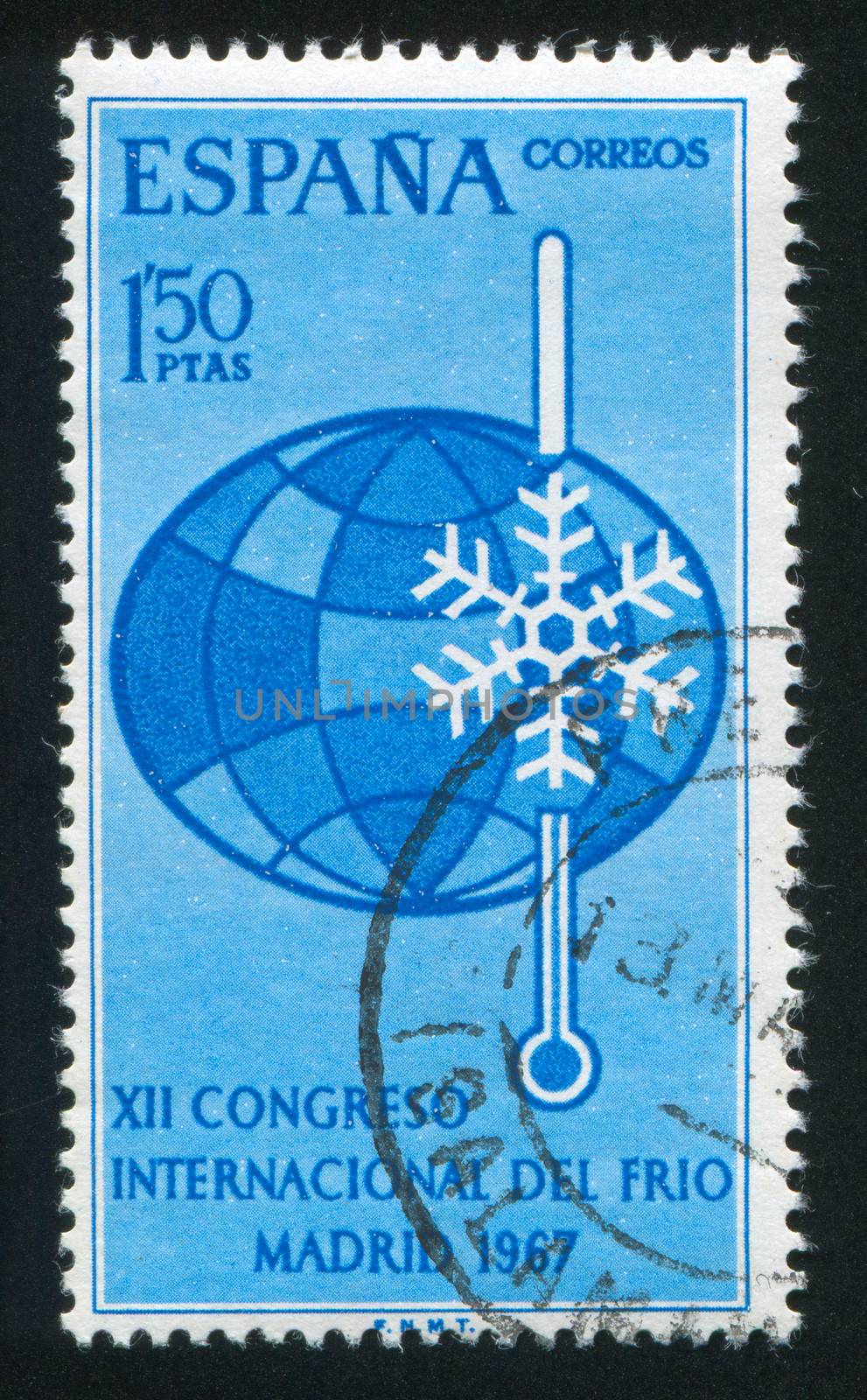 SPAIN - CIRCA 1967: stamp printed by Spain, shows globe, snowflake and thermometer, circa 1967