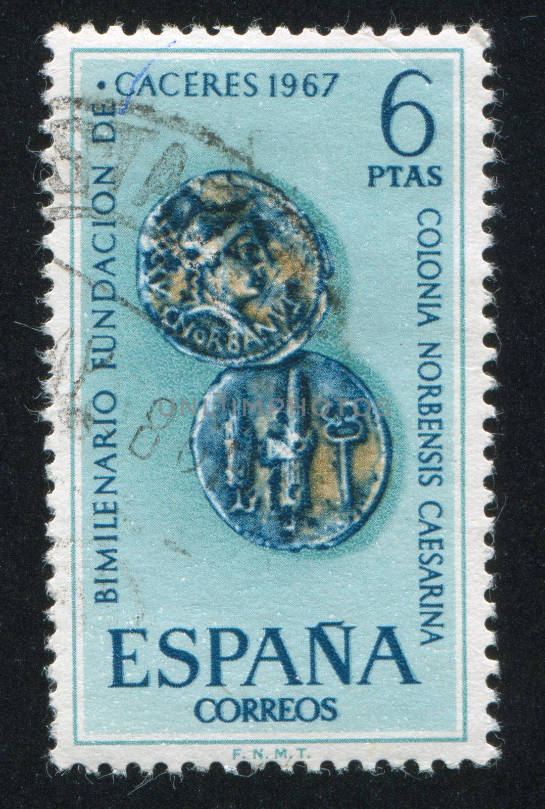 SPAIN - CIRCA 1967: stamp printed by Spain, shows Roman coins of Caceres, circa 1967