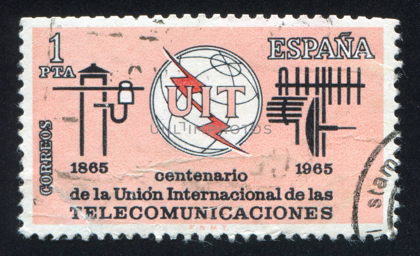SPAIN - CIRCA 1965: stamp printed by Spain, shows International Telecommunication Union Emblem, Old and New Communication Equipment, circa 1965