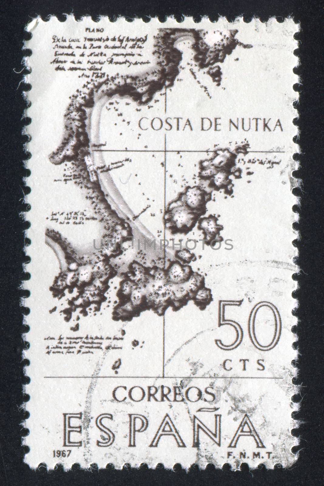 SPAIN - CIRCA 1967: stamp printed by Spain, shows Old map of Nootka coast, circa 1967