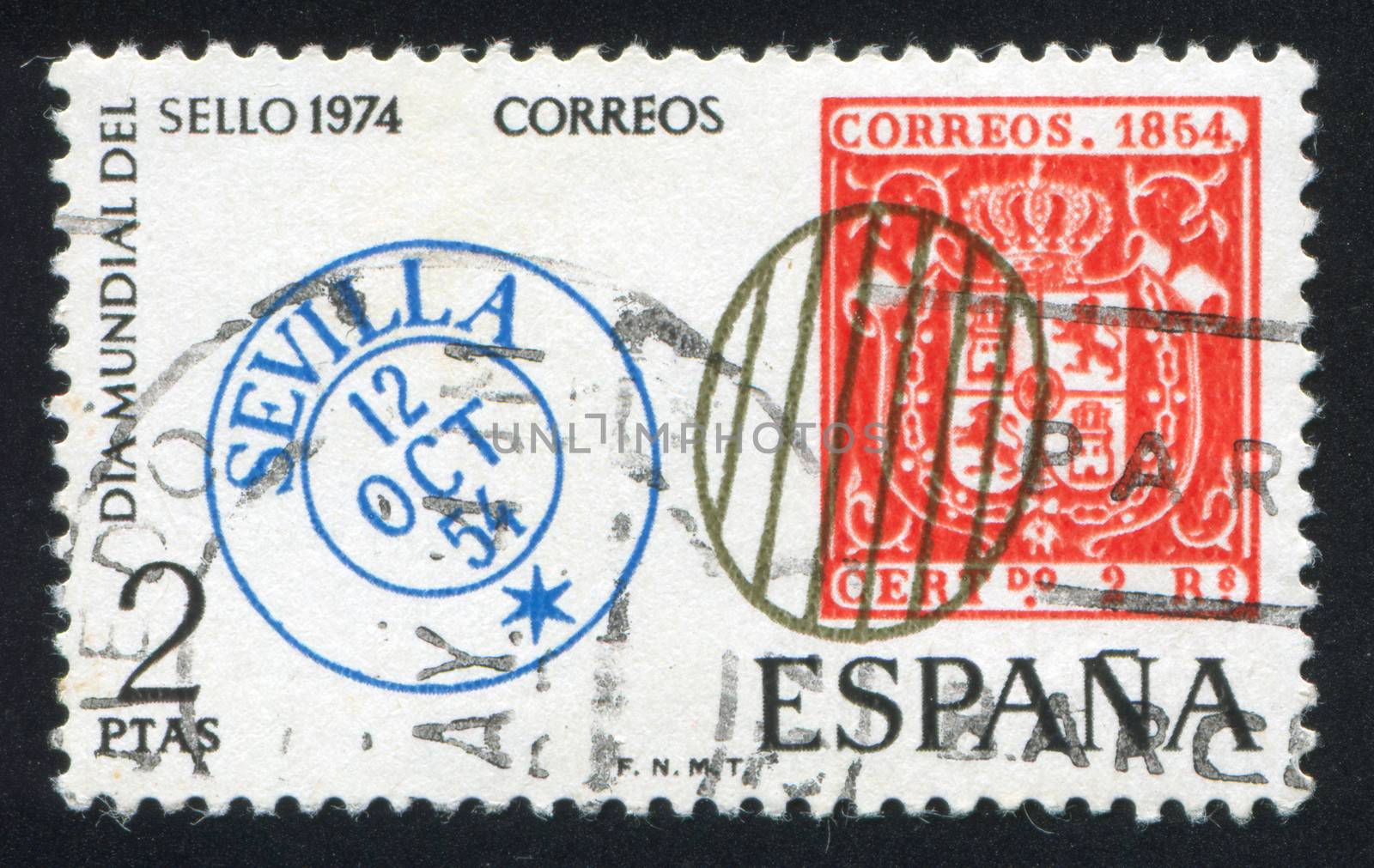 SPAIN - CIRCA 1974: stamp printed by Spain, shows Spanish postage stamps No. 28 and 1854 Seville Cancel, circa 1974