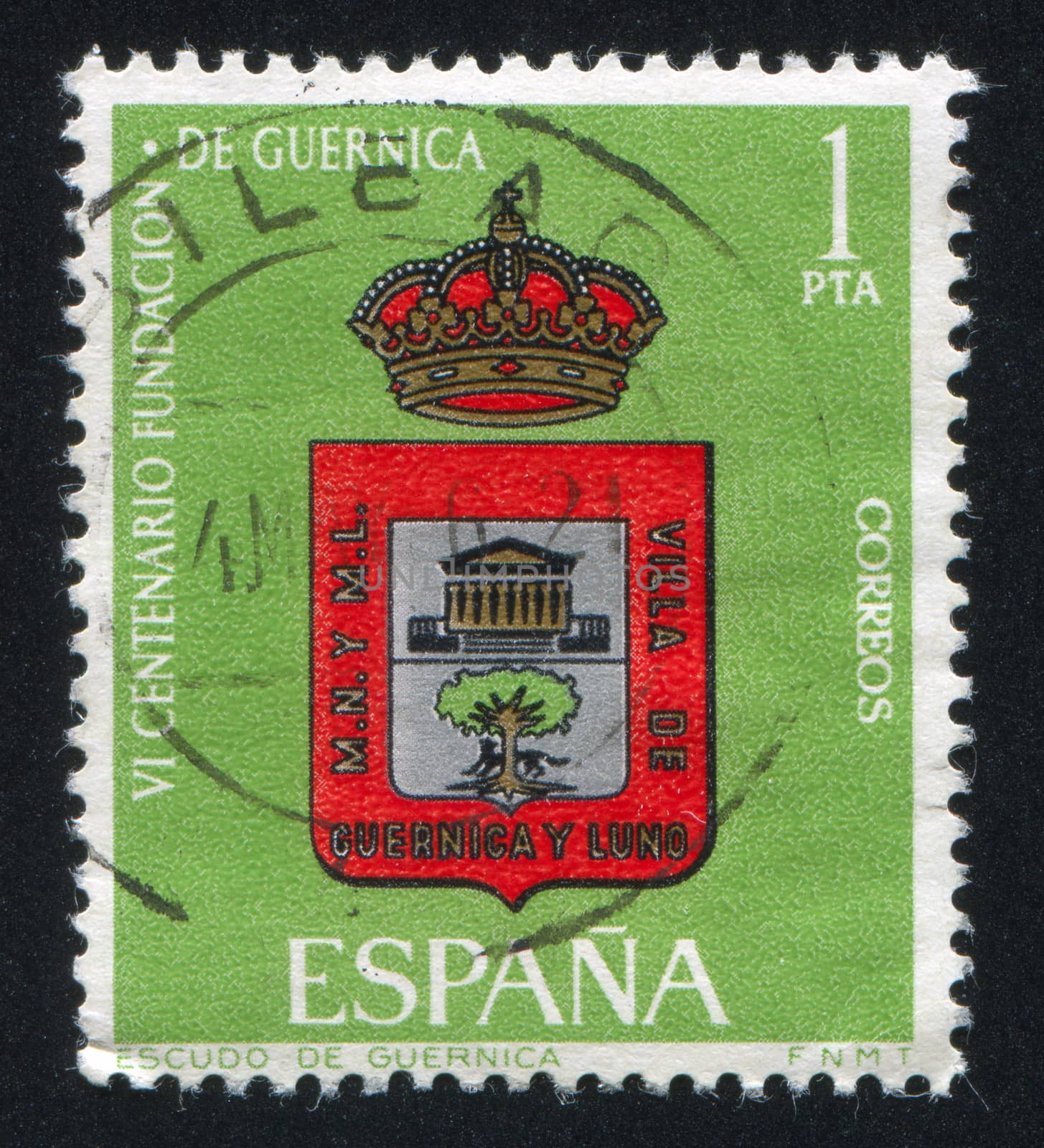 SPAIN - CIRCA 1966: stamp printed by Spain, shows Stylized Coat of Arms of Guernica, circa 1966