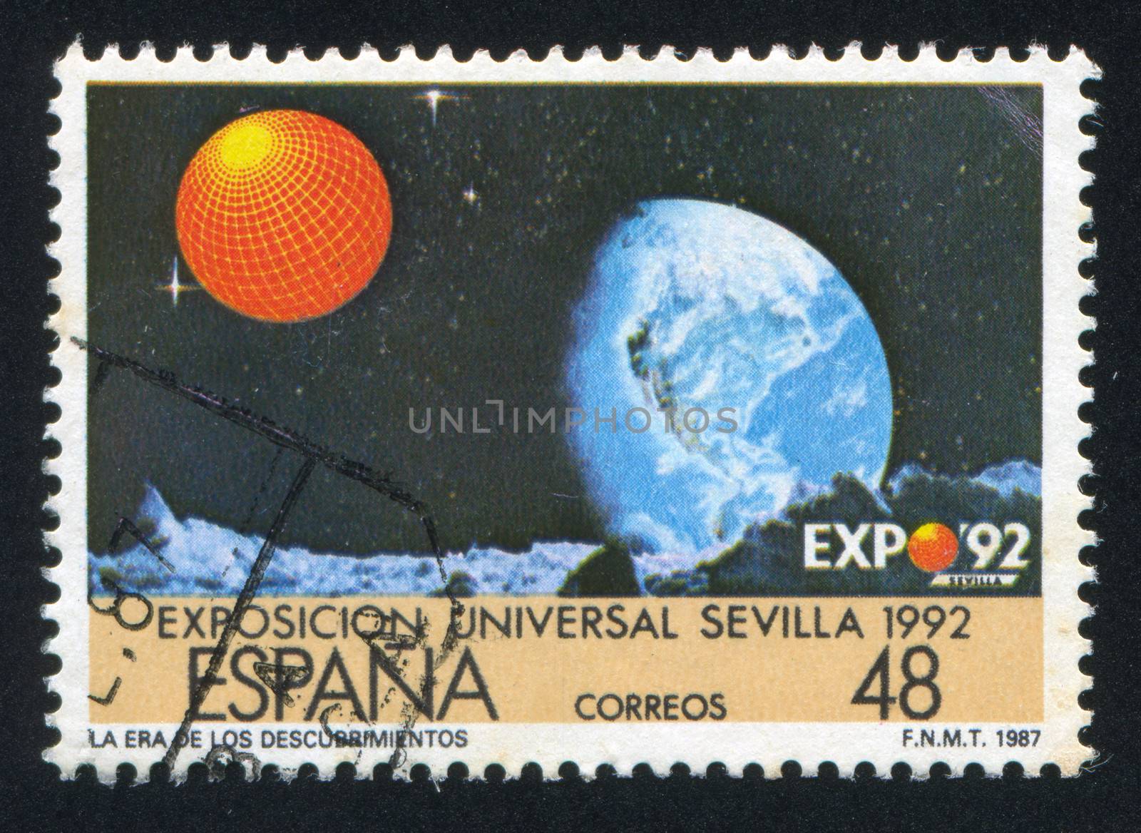 SPAIN - CIRCA 1987: stamp printed by Spain, shows Earth, Moon's Surface, circa 1987