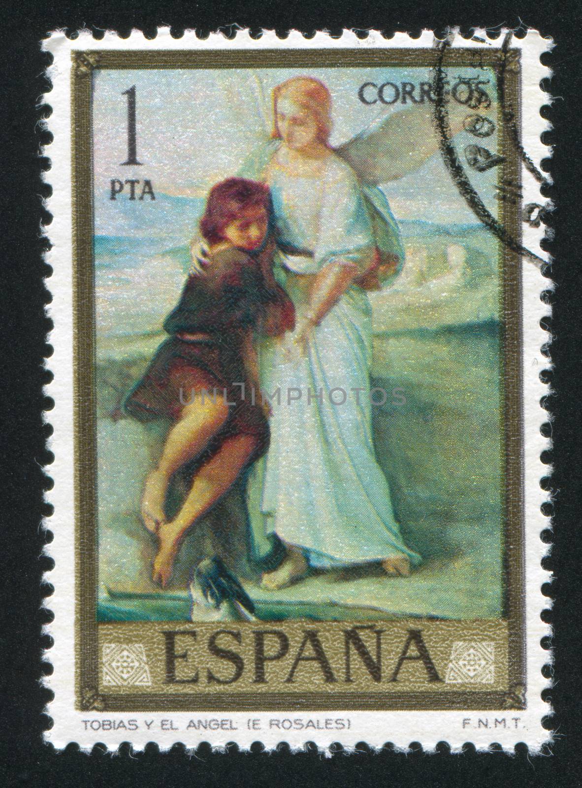 SPAIN - CIRCA 1974: stamp printed by Spain, shows Tobias and the Angel (Eduardo Rosales), circa 1974